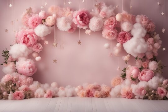 Peony Baby Digital Backdrop Photography Background Cake Smash Pastel Pink Backdrop Balloons Overlays Floral Baby Shoots Birthday Party Prop