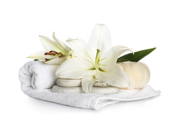 Set of spa accessories and beautiful lily flowers on white background