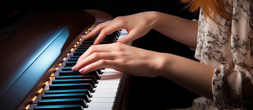 Photo of girl s hands playing electronic piano With copyspace for text