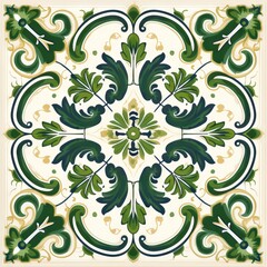 Ethnic folk ceramic tile in talavera style with green and yellow floral ornament. Italian pattern, traditional Portuguese and Spain decor. Mediterranean porcelain pottery isolated on white background