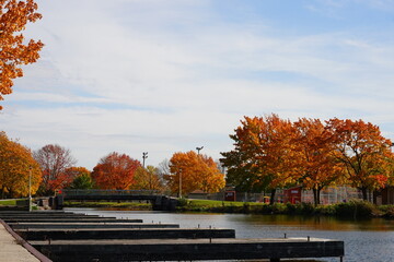 Naklejka na ściany i meble Fall autumn season at Fond du Lac Lakeside Park. 