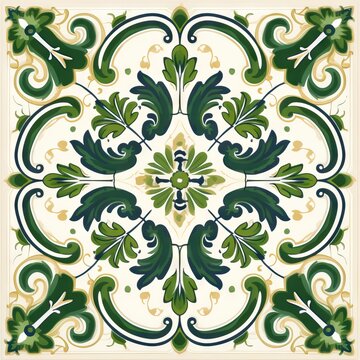 Ethnic folk ceramic tile in talavera style with green and yellow floral ornament. Italian pattern, traditional Portuguese and Spain decor. Mediterranean porcelain pottery isolated on white background