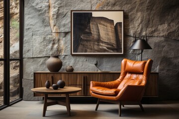 Orange Leather Wing Chair Against Textured Stone Wall in Modern Interior Design - Rustic Minimalist Living Room