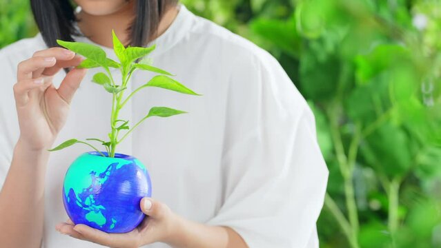 地球の描かれた植木鉢を見る女の子　環境保護イメージ
