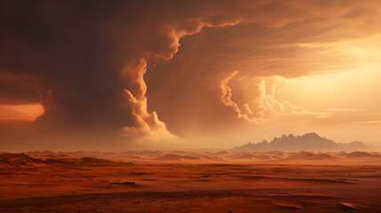 The red sands of Mars, with the towering Olympus Mons in the distance, witness a sunset casting long shadows and a dust storm on the horizon,