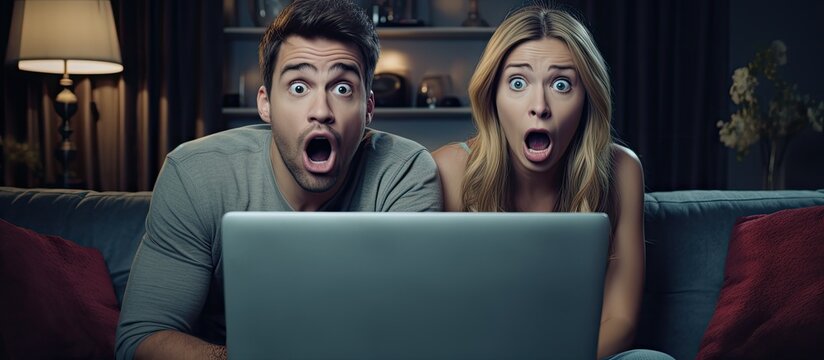 Couple astonished with open mouth laptop on couch living room