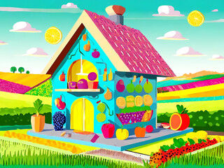 果物と野菜で飾り付けされたカラフルで可愛いお家とお花畑の背景