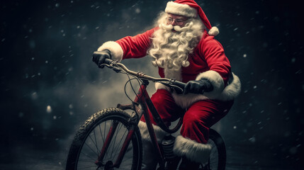 16:9 Photography Big muscular Santa Claus is Riding a bicycle to deliver gifts on Christmas Day.generative ai