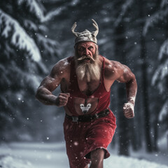 Photography Big muscular Santa Claus is run and exercise in preparation for sending gifts on Christmas Day.generative ai
