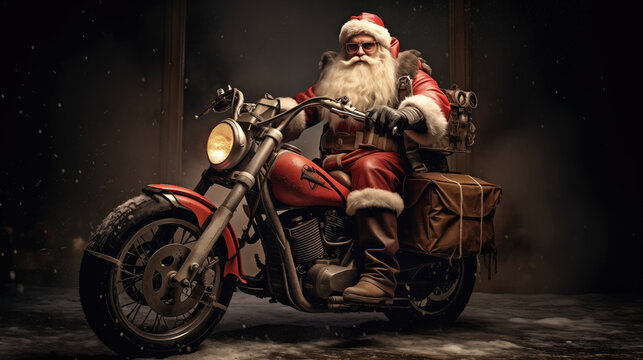 16:9 Photography Big muscular Santa Claus is Riding a chopper to deliver gifts on Christmas Day.generative ai