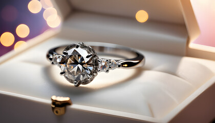 Close-up of a round moissanite engagement ring on a wooden table