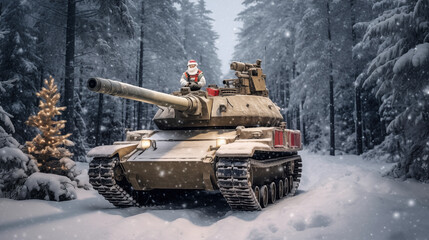 16:9 Santa Claus uses tanks to deliver gifts during wartime.generative ai