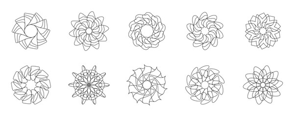 Elegant floral pattern collection, black and white line art, ten unique variations in ornamental style, vector template.