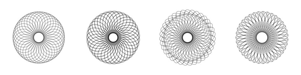 Four Circular Geometric Patterns with Central Openings: Intricate, Detailed Designs