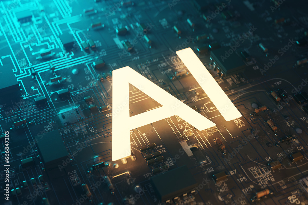 Poster background of ai letters shining neon on the main board of ai semiconductors, 3d rendering