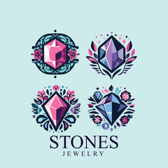 Vector set of colorfull logo design template geometric stone with floral illustration