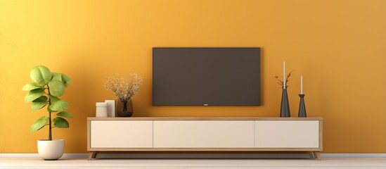 Modern living room with TV lamp table flowers and plant on a yellow wall