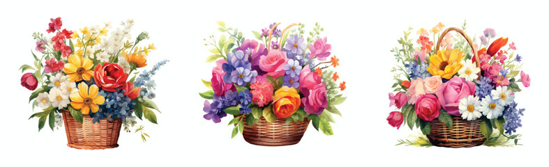 Fototapeta na wymiar Assorted Flower Baskets Watercolor Collection, three watercolor illustrations, each showcasing a different basket filled with a vibrant assortment of flowers, exuding charm and natural beauty