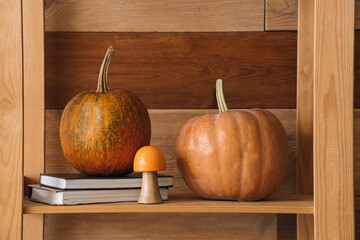 Shelving unit with pumpkins, mushroom and books in living room, closeup