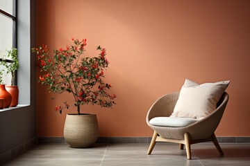 Coral Lounge Chair, Vibrant Potted Plant, Minimalist Home Interior Design, Ample Copy Space, Relaxation, and Modern Living in Harmonious Ambiance - Serene Modern Living Room