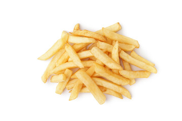 Heap of tasty french fries on white background