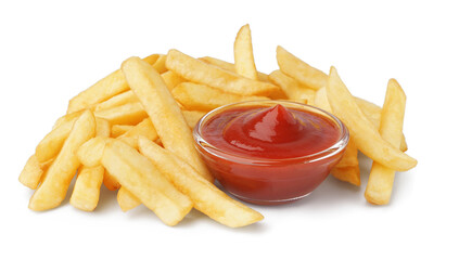 Tasty french fries with ketchup on white background