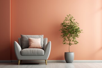 Coral Lounge Chair, Vibrant Potted Plant, Minimalist Home Interior Design, Ample Copy Space, Relaxation, and Modern Living in Harmonious Ambiance - Serene Modern Living Room