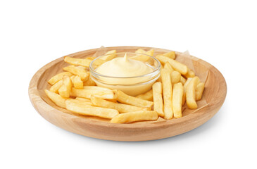 Plate of tasty french fries with mayonnaise on white background
