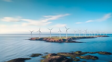 Windmill park in the ocean, drone aerial view of windmill turbines generating green energy electric,