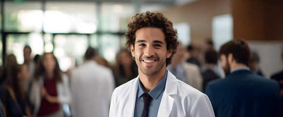 Fototapeta premium Close-up face of a young happy graduated Doctor or Pharmacist. A proud medical student, receiving a white coat during a ceremony. Healthcare professional. 
