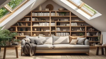 Corner sofa against shelving unit, scandinavian home interior design of modern living room in attic in farmhouse.