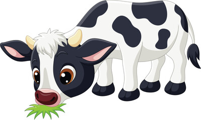 Cute little cow cartoon eating grass