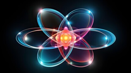 Elegant visualization of an atomic structure with radiant electron paths on a dark space background. - obrazy, fototapety, plakaty