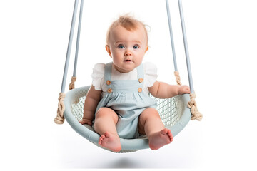 Baby on a swing isolated on a white background. Fictional person. Generative AI