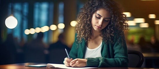 Hispanic student girl engaged in studying and writing notes at university