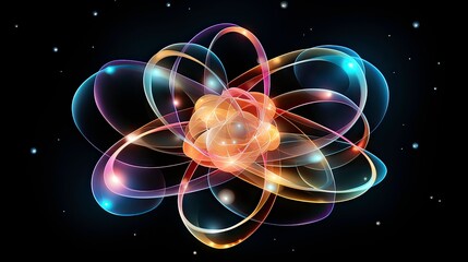 Detailed visualization of an atom structure with swirling electrons, representing the core principles of atomic physics.
