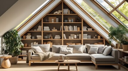 Corner sofa against shelving unit, scandinavian home interior design of modern living room in attic in farmhouse. - obrazy, fototapety, plakaty