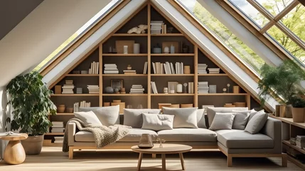 Foto op Plexiglas Corner sofa against shelving unit, scandinavian home interior design of modern living room in attic in farmhouse. © Lucky Ai