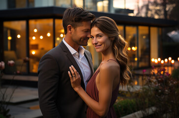 Couple hugging in front of their new big modern house. Buy your dream home. Generative AI