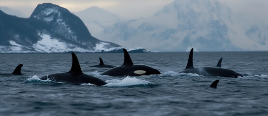 Orcas or killer whales hunt in the Arctic Sea. Impressive arctic mountains in the background. Whale watching. Generative AI