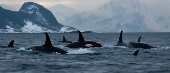 Foto op Canvas Orcas or killer whales hunt in the Arctic Sea. Impressive arctic mountains in the background. Whale watching. Generative AI © zaschnaus