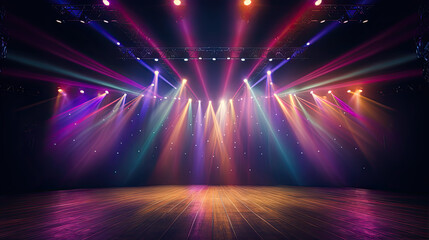 Fototapeta na wymiar Empty stage with colorful spotlights. Scene lighting effects.