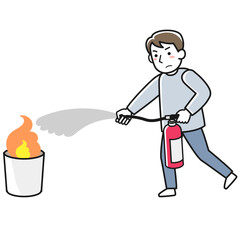 消火器を使って火を消す若い男性