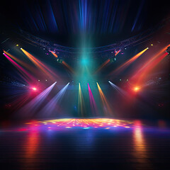 Empty stage with colorful spotlights. Scene lighting effects.