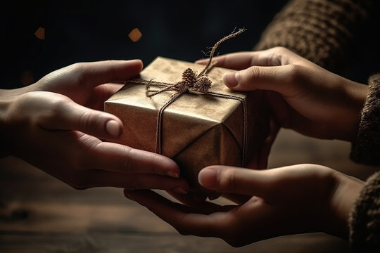 Two Hands Give Two Other Hands A Christmas Gift Box. Concept Merry Christmas And Happy New Year. Generative AI