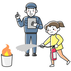 消火器を使った消火訓練をする若い女性と消防署職員