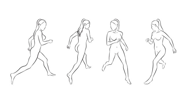 Illustration of female figure with contours. Four images of the same woman running and at different angles. Vector isolated on transparent background