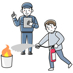 消火器を使った消火訓練をする若い男性と消防署職員