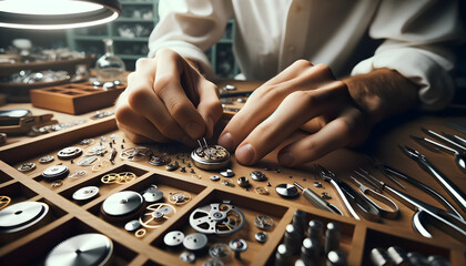 Watchmaker's close-up hands assembling a watch - obrazy, fototapety, plakaty