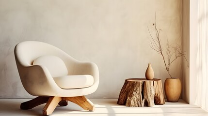 Fabric lounge chair and wood stump side table against beige stucco wall with copy space. Rustic minimalist home interior design of modern living room.